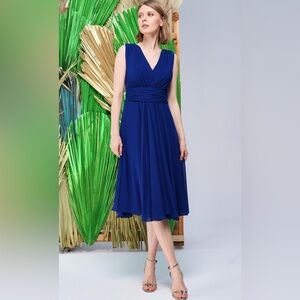BOGO Dress Deal! Evan-Picone Elegant V-Neck Royal Blue Midi Dress